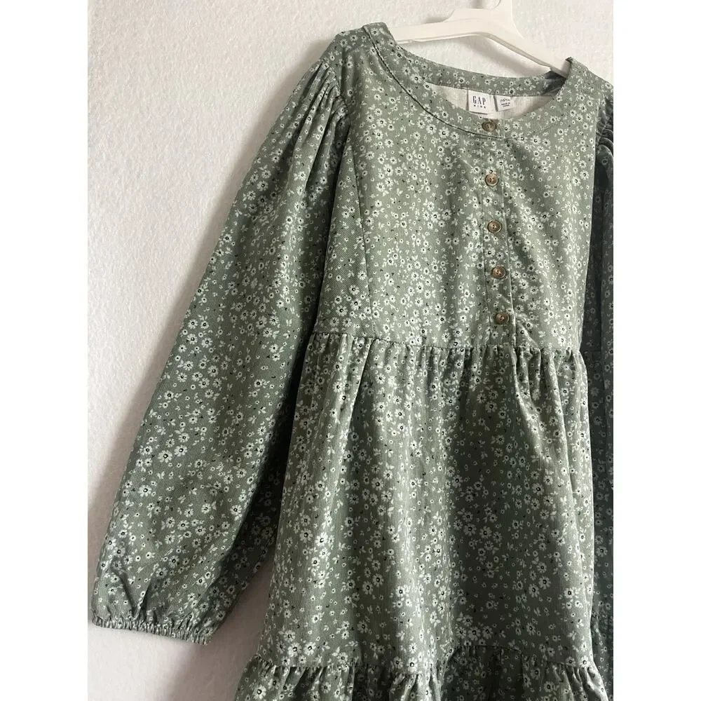 Gap Kids Green Corduroy Floral‎ Casual Flower Dress Long Sleeves Buttoned LARGE